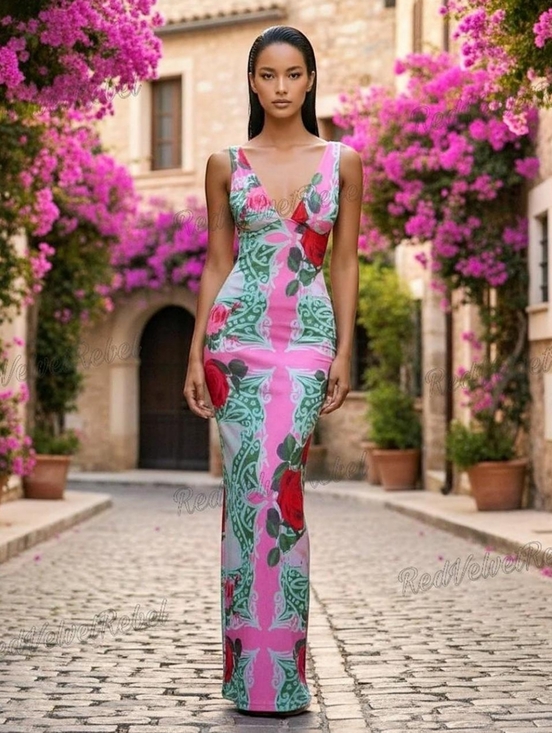Boutique Dresses & Skirts - NWT Sexy Vibrant Romantic Floral Print Mesh Bodycon Maxi Dress Sz S